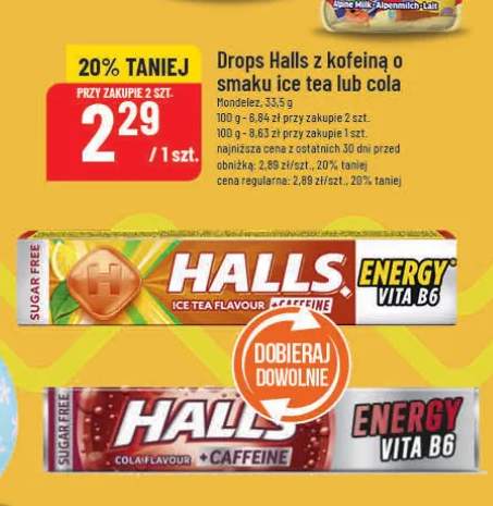 Drops z kofeiną o smaku ice tea lub cola