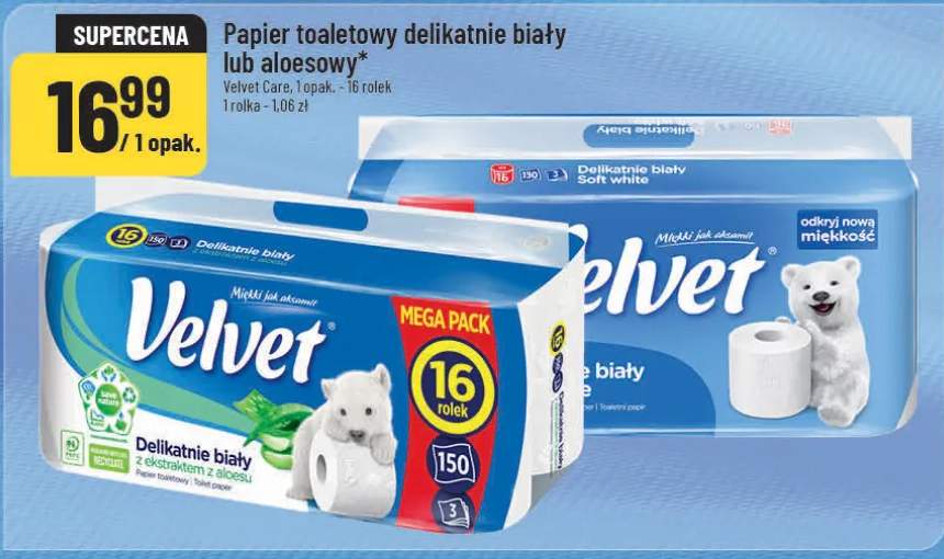 Papier toaletowy delikatnie biały lub aloesowy Velvet Care, 1 opak. - 16 rolek 1 rolka - 1,06 zł
