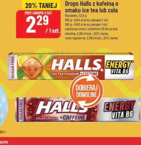 Drops z kofeiną o smaku ice tea lub cola