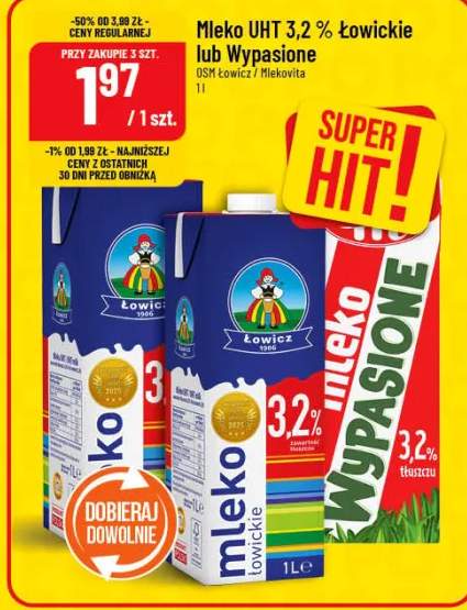Mleko UHT 3,2% Łowickie lub Wypasione