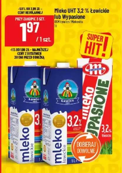 Mleko UHT 3,2% łowickie lub wypasione