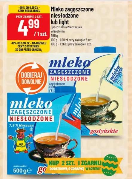 Mleko zagęszczone niesłodzone lub light