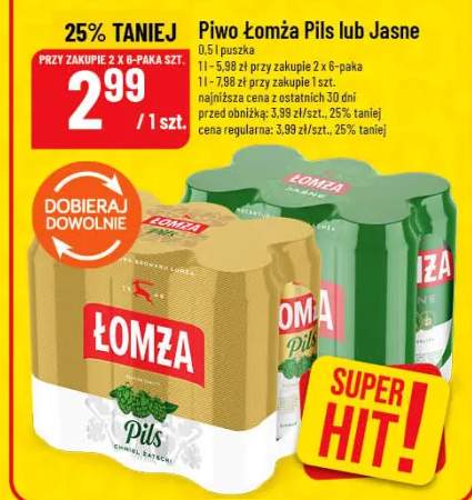 Piwo Łomża Pils lub Jasne 0.5l puszka