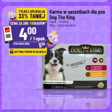 Karma w saszetkach dla psa Dog The King z wołowiną w galaretce i z kurczakiem i jagnięciną w sosie