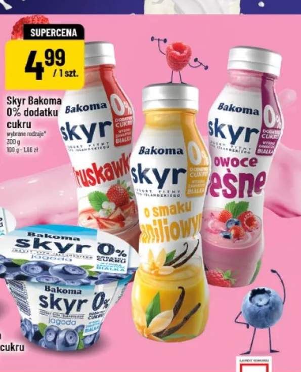 Jogurt typu islandzkiego Skyr Bakoma 0% truskawkowy pitny +2 warianty