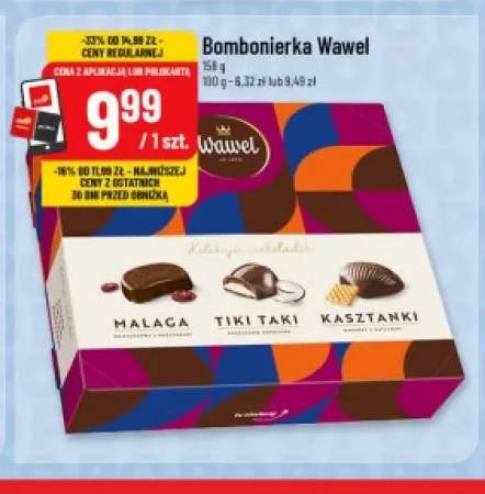Bombonierka Wawel Kolekcja czekoladek Malaga Tiki Taki Kasztanki