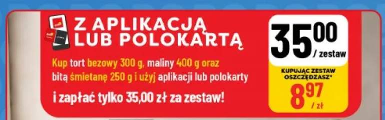 Zestaw: Tort bezowy Łubnica 300 g, Maliny Zaczarowany Ogród 400 g, Bita śmietana President 250 g