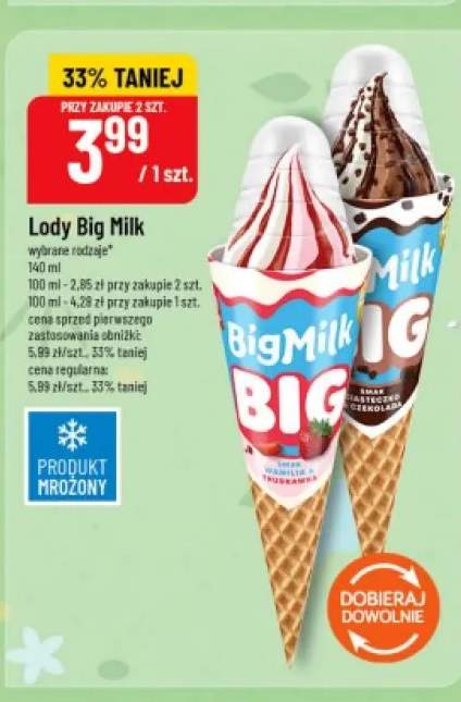 Lody Big Milk BIG smak wanilia i truskawka +1 wariant