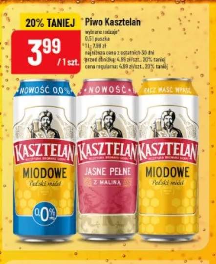 Piwo bezalkoholowe Kasztelan Miodowe +3 warianty