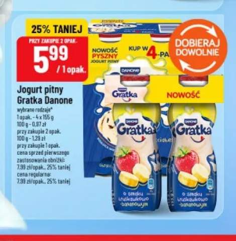Jogurt pitny Gratka Danone o smaku truskawkowo-bananowym +1 wariant