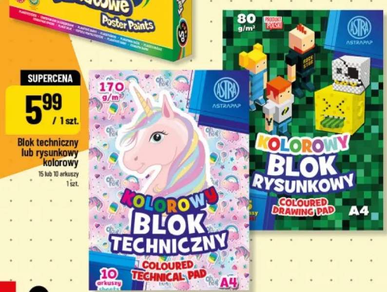 Blok techniczny kolorowy Astra A4 10 arkuszy +1 wariant
