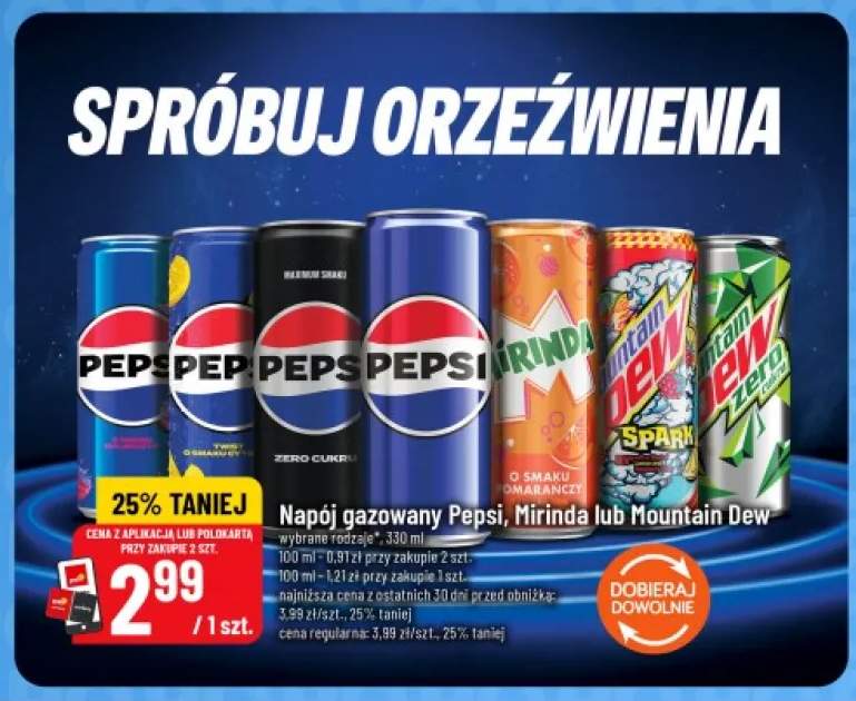 Napój gazowany Mountain Dew Zero Cukru +6 wariantów