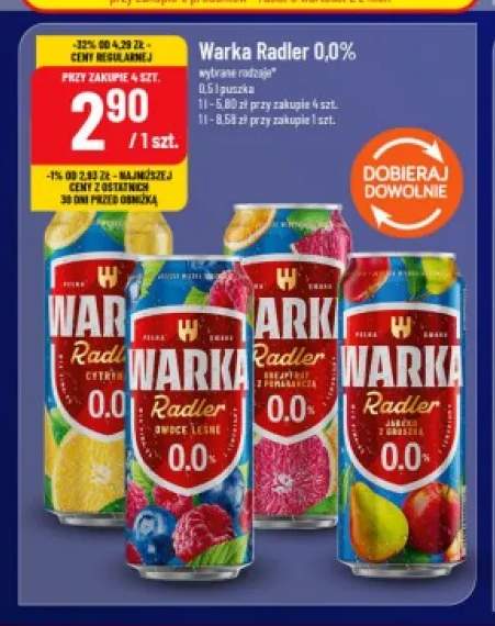 Piwo bezalkoholowe Warka Radler cytryna +3 warianty