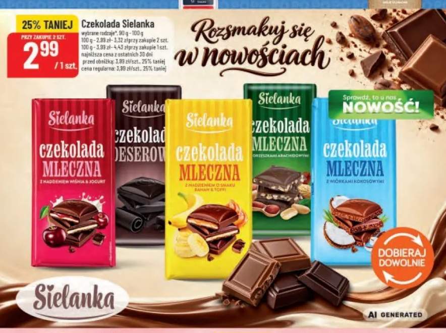 Czekolada mleczna z nadzieniem wiśnia i jogurt Sielanka +4 warianty