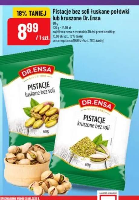 Pistacje bez soli łuskane połówki Dr.Ensa +1 wariant